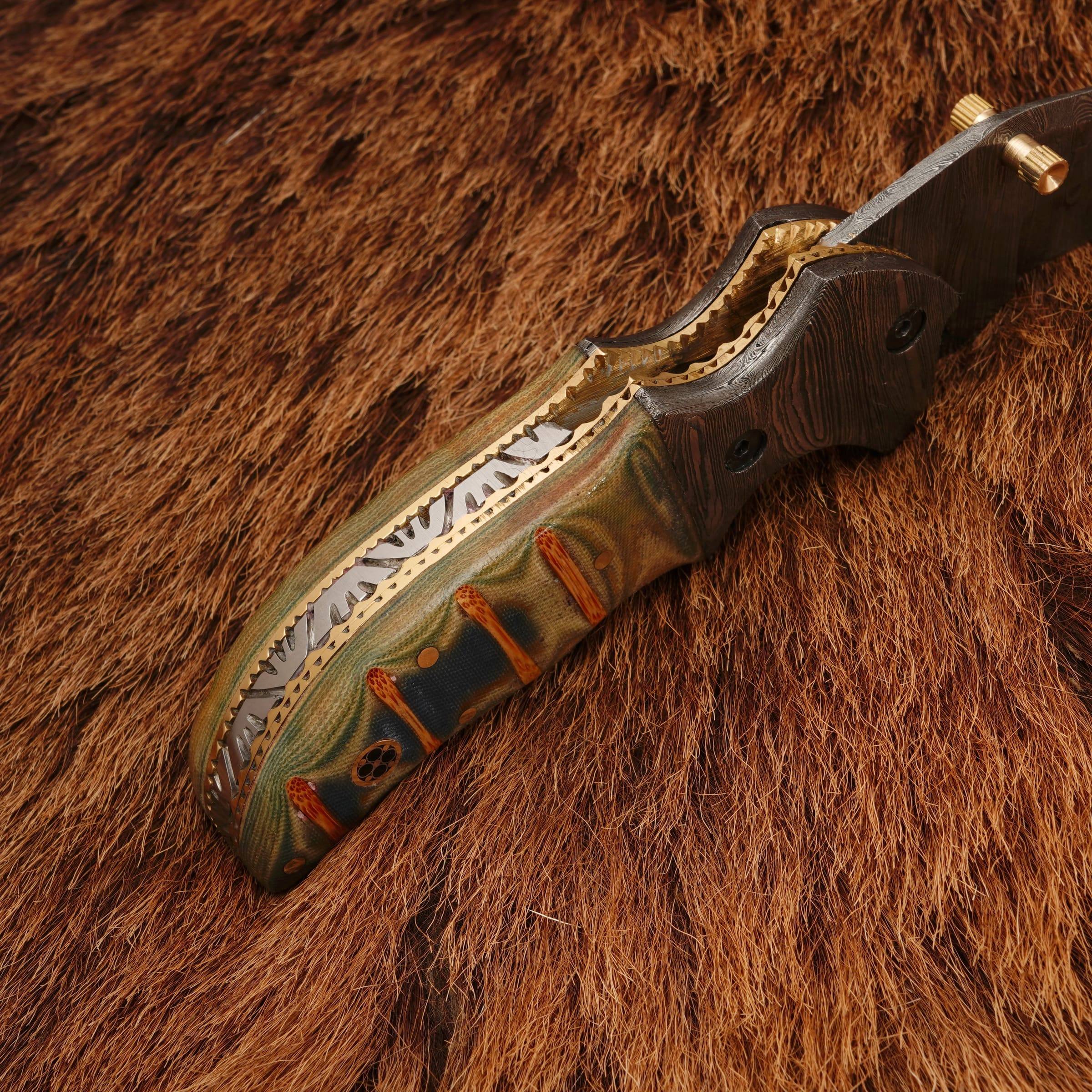 8” Custom Handcrafted Damascus Steel Pocket Knife - Damascus Bolster Folding camping Knife with Micarta Handle