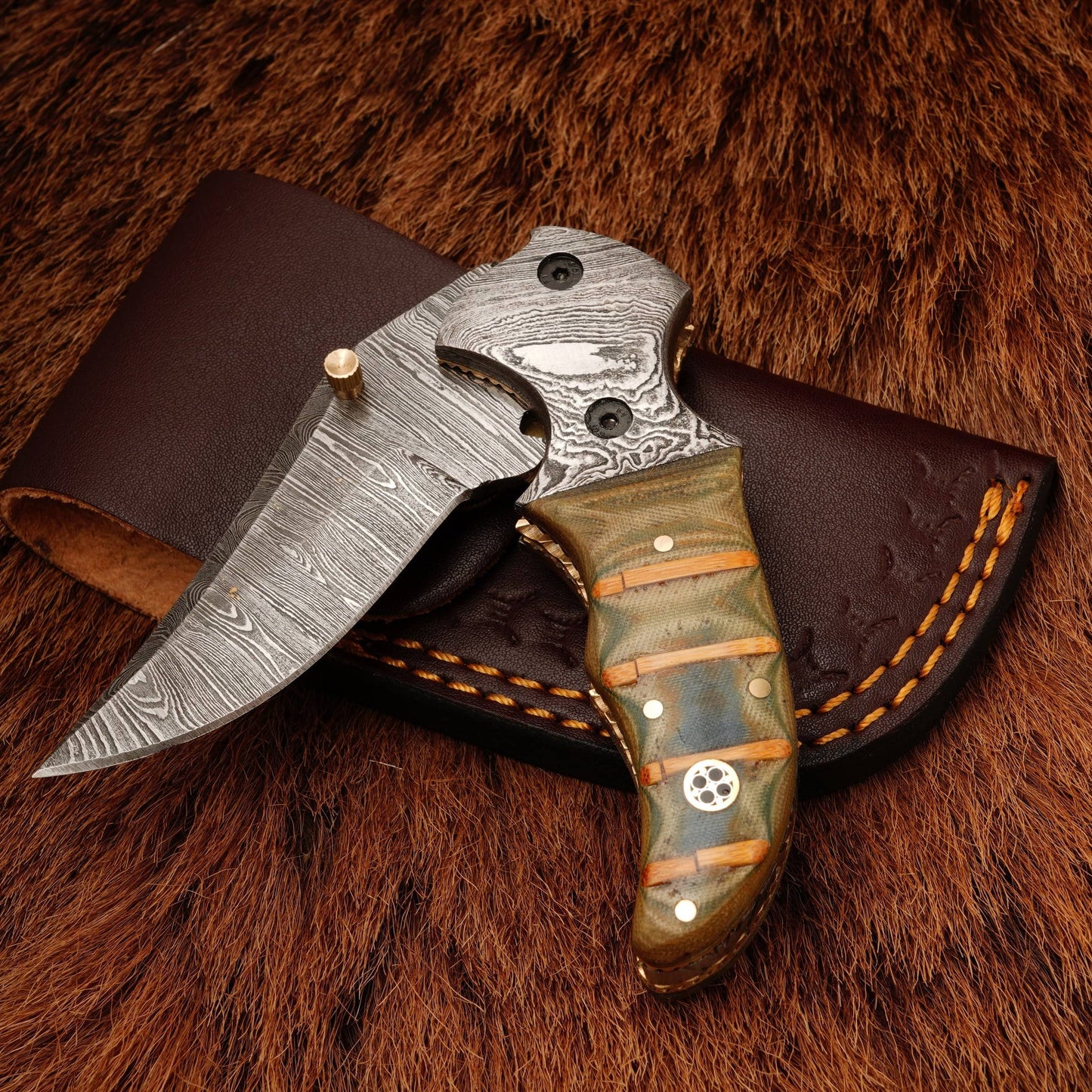 8” Custom Handcrafted Damascus Steel Pocket Knife - Damascus Bolster Folding camping Knife with Micarta Handle