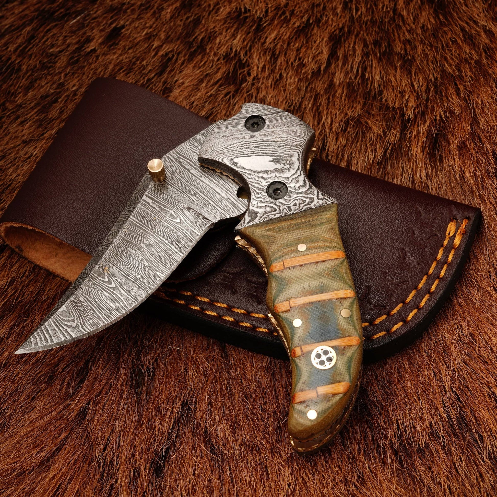 8” Custom Handcrafted Damascus Steel Pocket Knife - Damascus Bolster Folding camping Knife with Micarta Handle