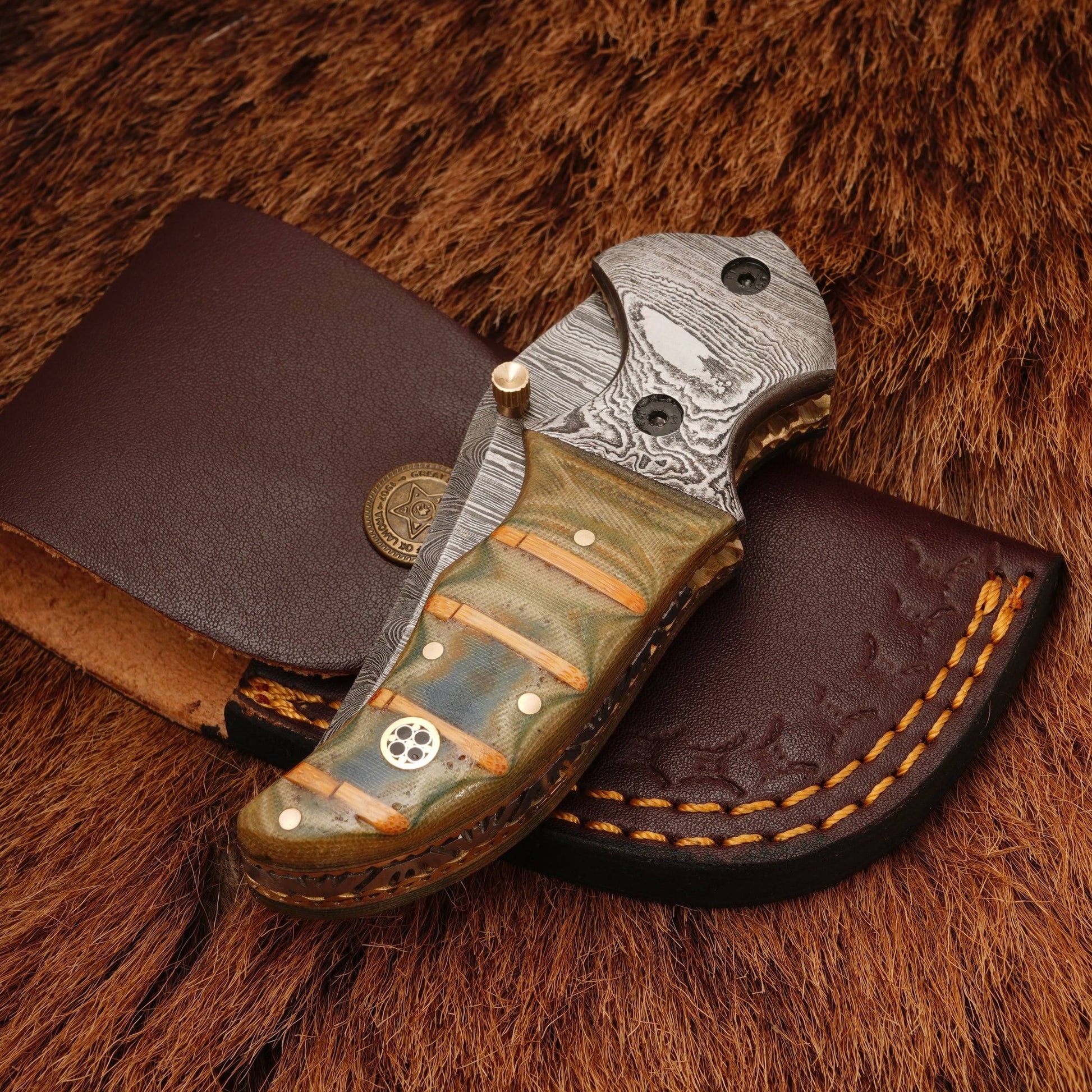 8” Custom Handcrafted Damascus Steel Pocket Knife - Damascus Bolster Folding camping Knife with Micarta Handle