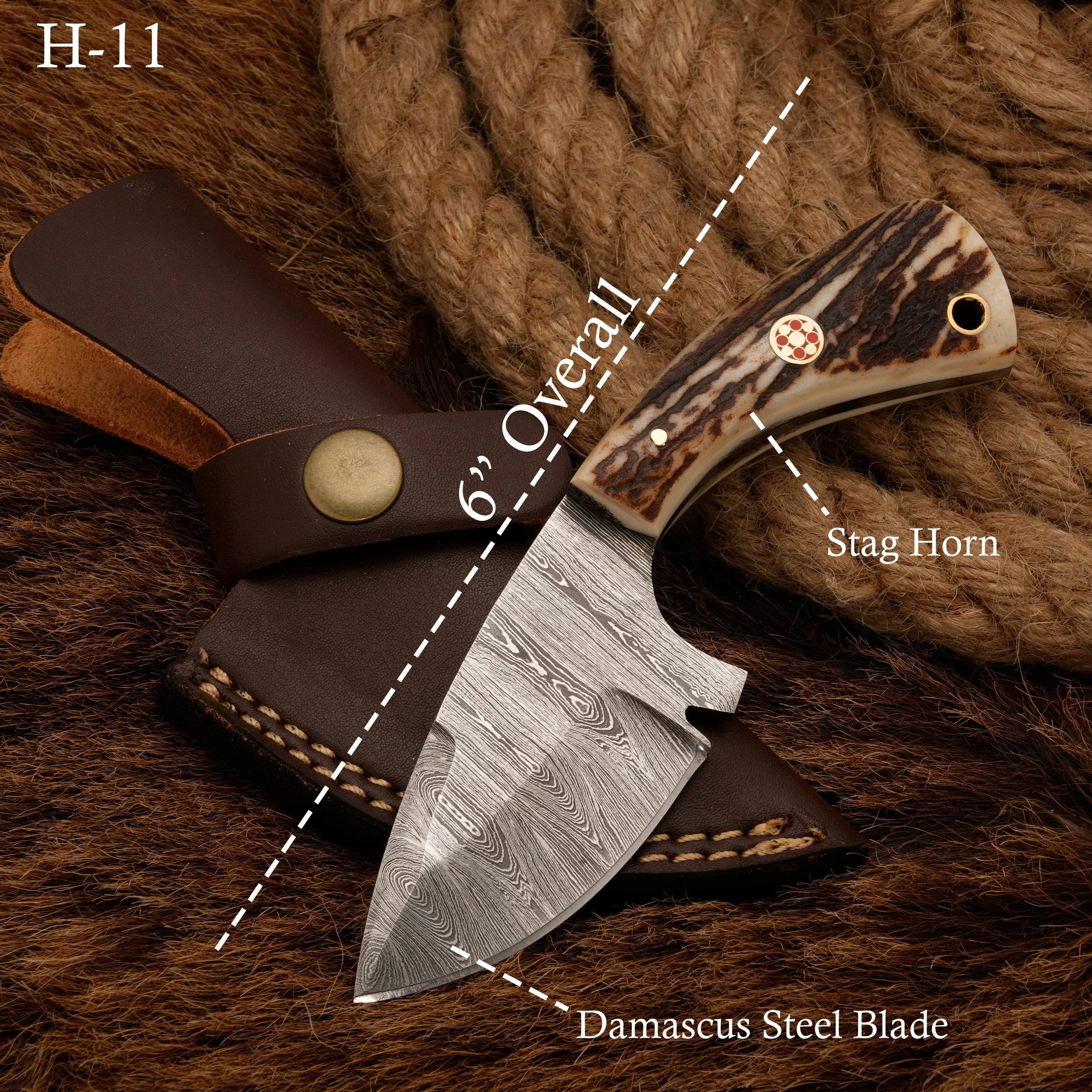 Handmade Damascus Steel Skinner Knife - Stag Antler Handle - Full 