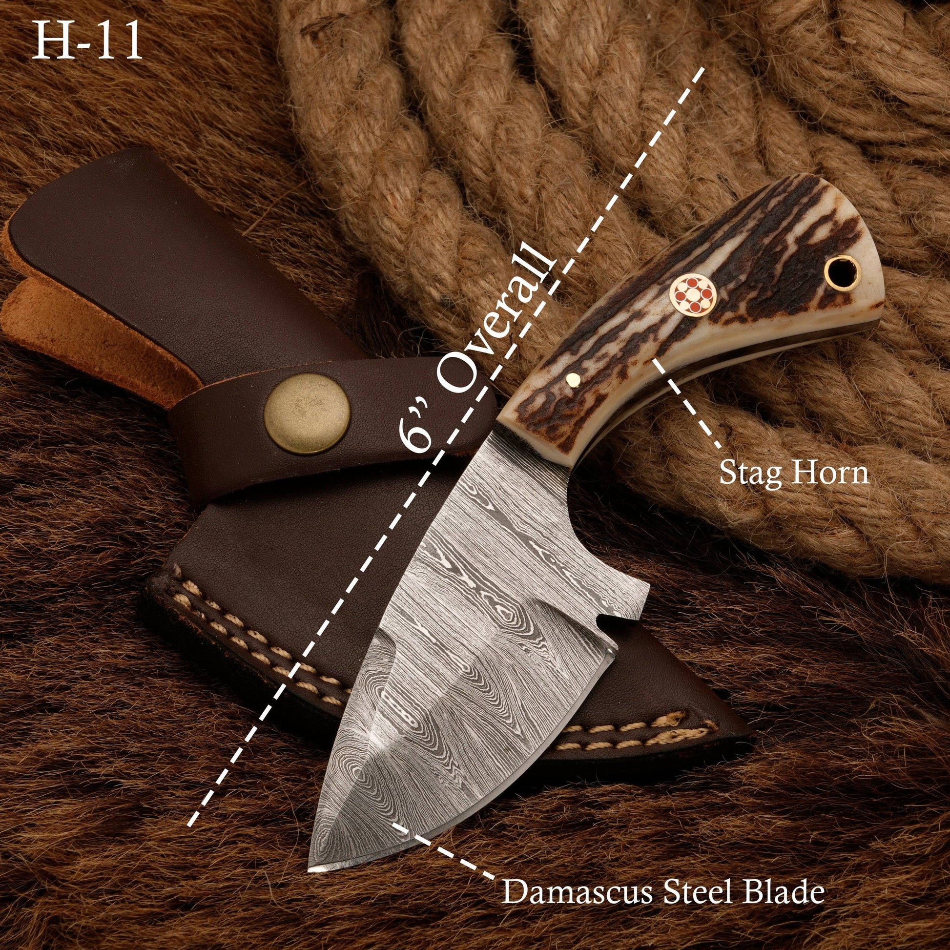 Damascus Steel Skinner hunter Knife - Stag Antler Handle - Full Tang - fixed blade hunting knife