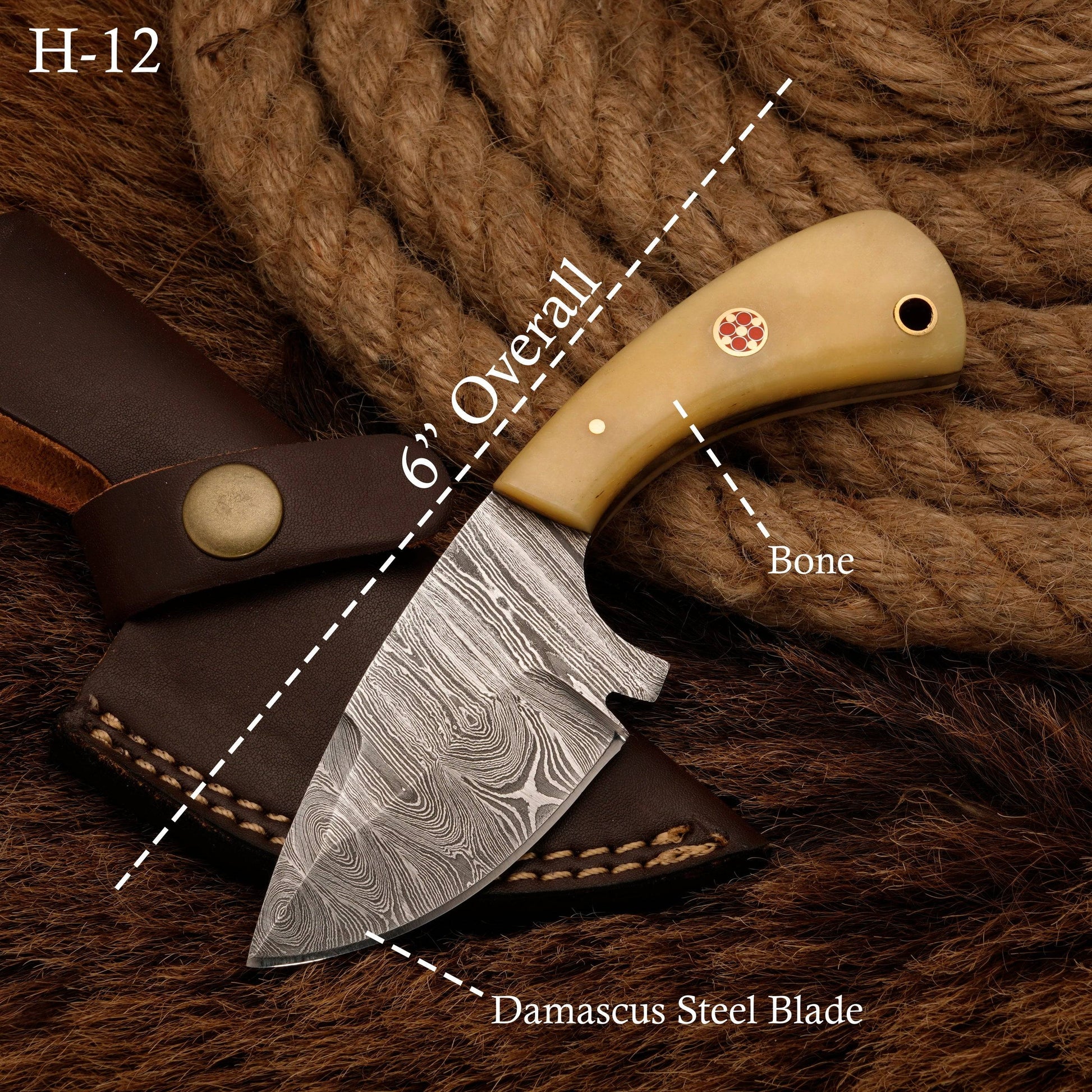 Handmade Damascus Steel Hunting Skinner Knife -Bone Handle - Full Tang - fixed blade