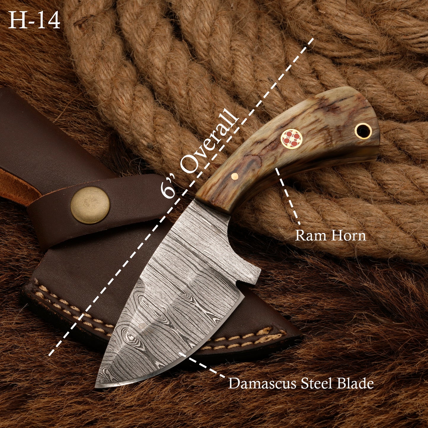 Handmade Damascus Steel Skinner Knife - Ram Horn Handle - Full Tang skinning knife - fixed blade knife