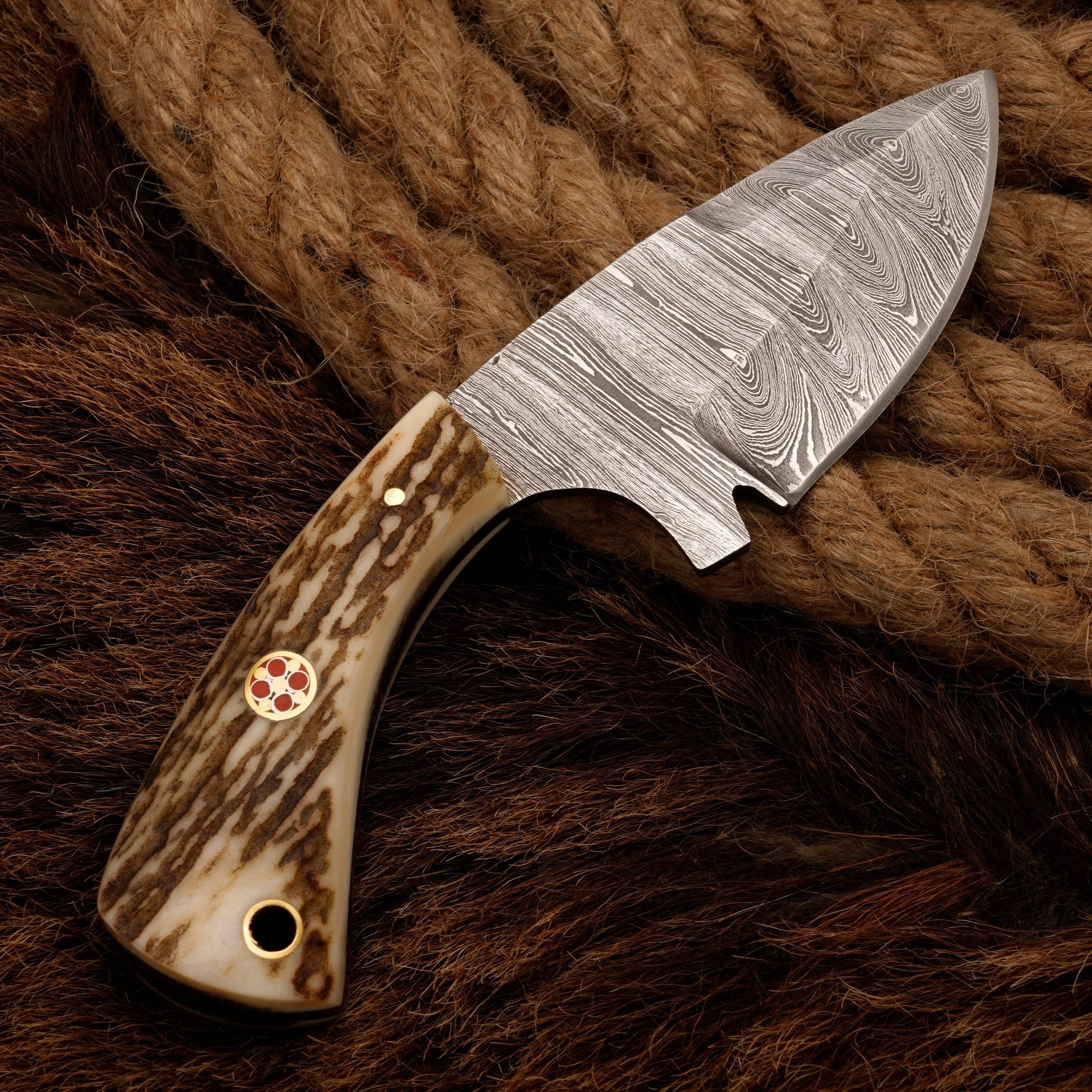 Handmade Damascus Steel Skinner Knife - Stag Antler Handle - Full 