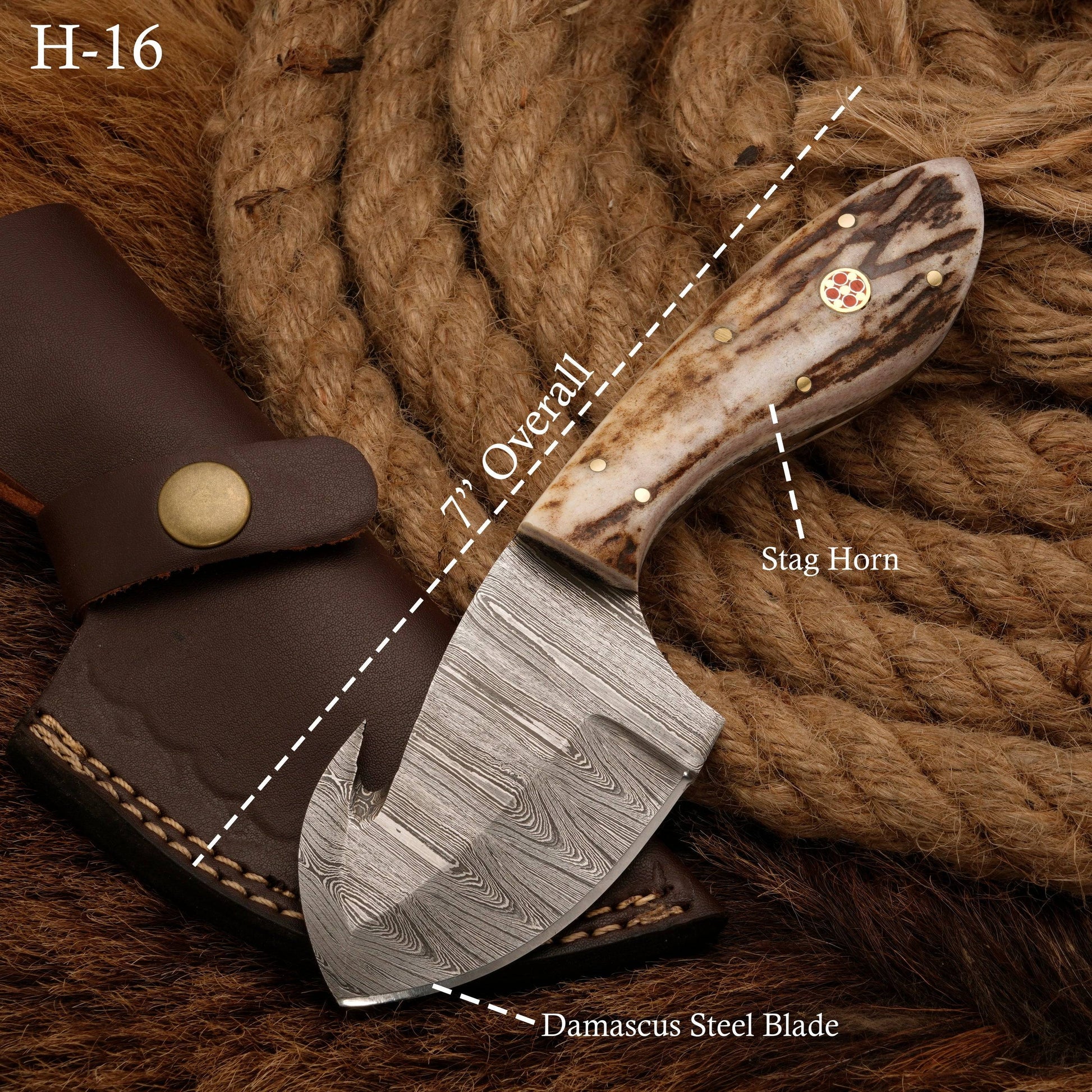 Damascus Steel Skinning Knife with Stag Horn Handle - Gut Hook - full tang - fixed blade skinner knife with stag horn handle