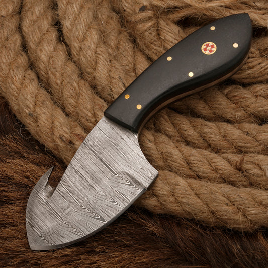 Handmade Forged Damascus Steel Skinning Knife - Gut Hook Hunting Skinner Knife