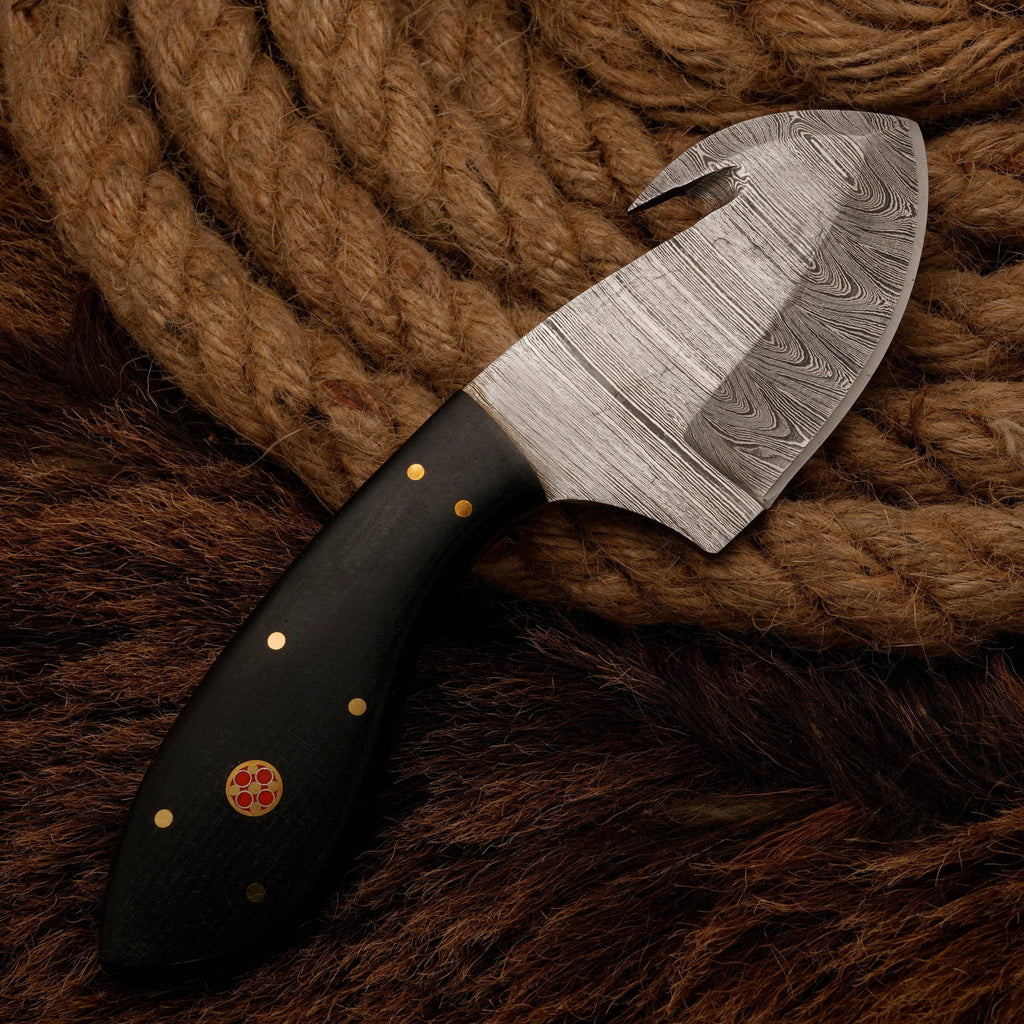 Handmade Forged Damascus Steel Skinning Knife - Gut Hook Hunting Skinner Knife