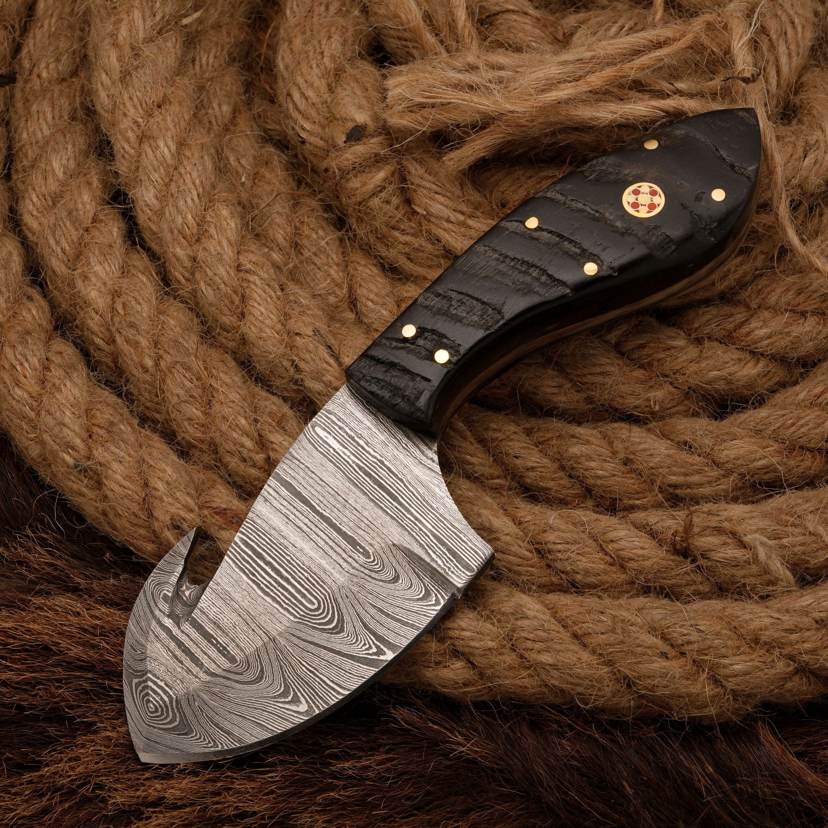 Handmade Forged Damascus Steel Skinning Knife - Gut Hook Hunting Skinner Knife