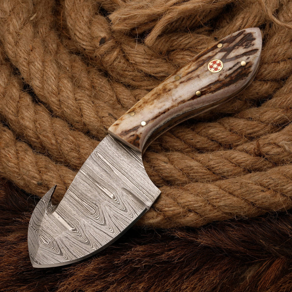 Damascus Steel Skinning Knife with Stag Horn Handle - Gut Hook - full tang - fixed blade skinner knife with stag horn handle