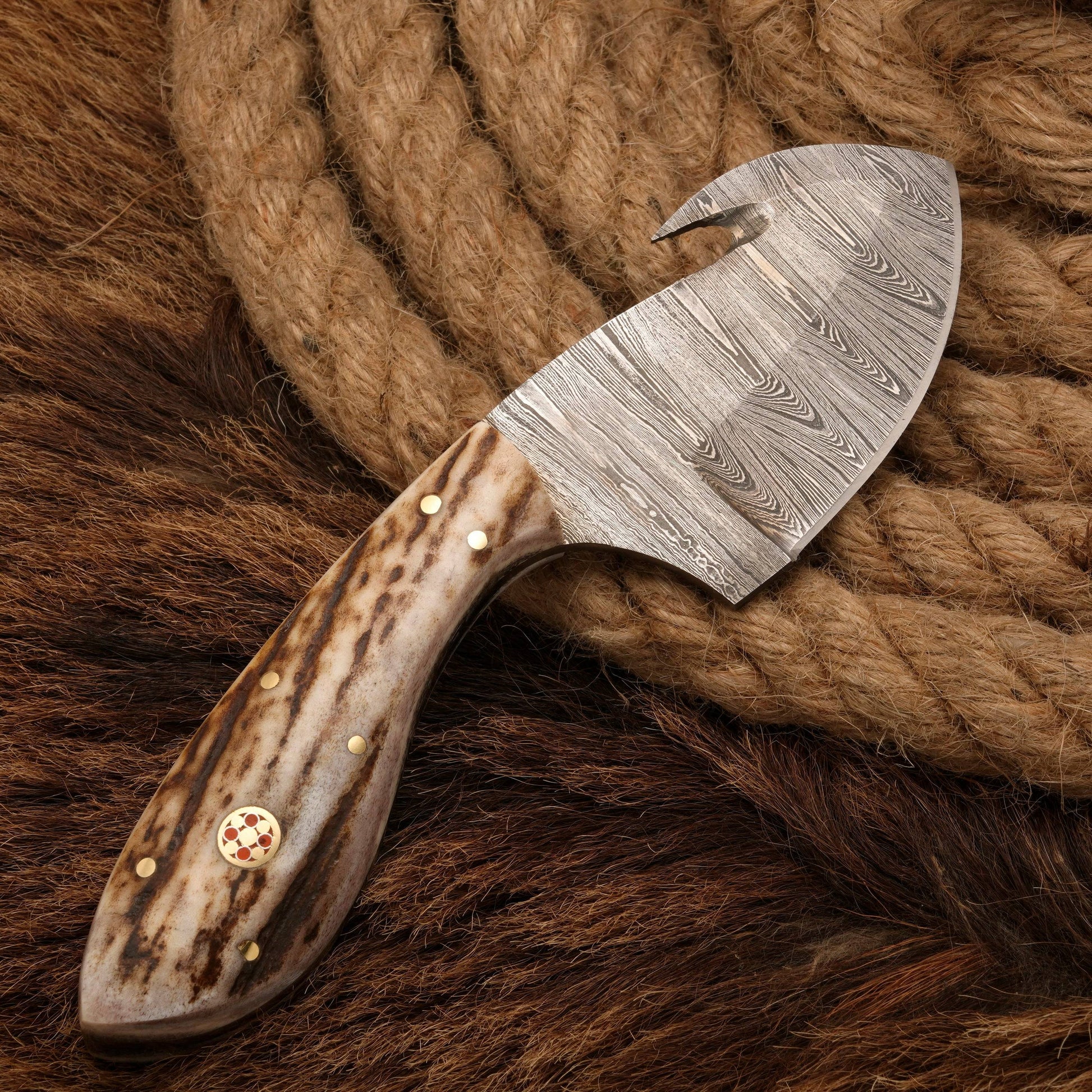 Damascus Steel Skinning Knife with Stag Horn Handle - Gut Hook - full tang - fixed blade skinner knife with stag horn handle