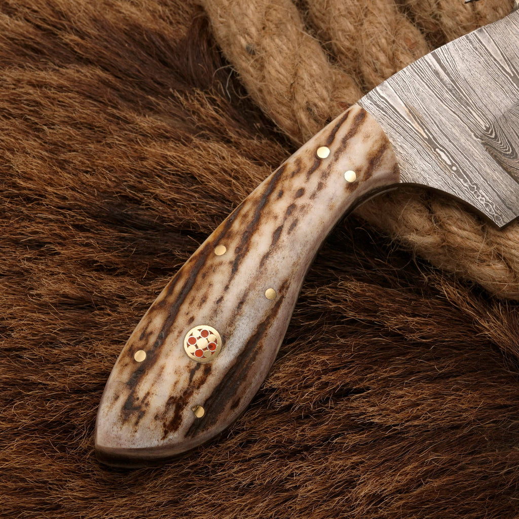 Damascus Steel Skinning Knife with Stag Horn Handle - Gut Hook - full tang - fixed blade skinner knife with stag horn handle