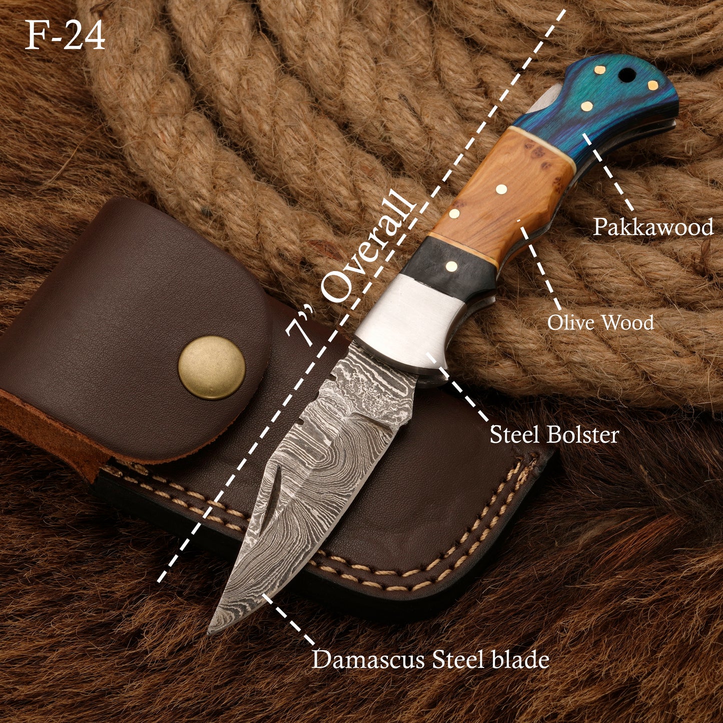 7" hand forged Damascus Steel Hunting Pocket Knife - Camping Folding Blade w/ Pakka & Olive Wood Handle