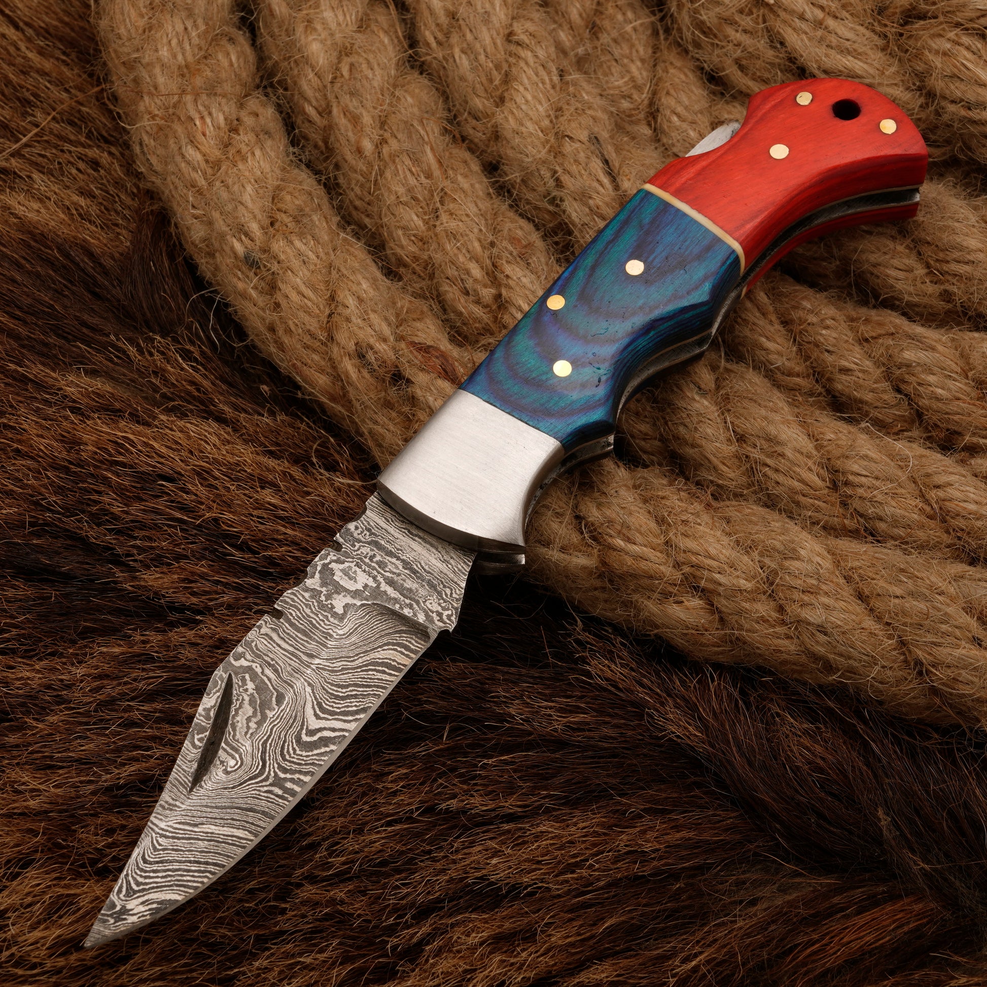 Handmade Damascus Steel Hunting Pocket Knife With Pakka Wood Handle