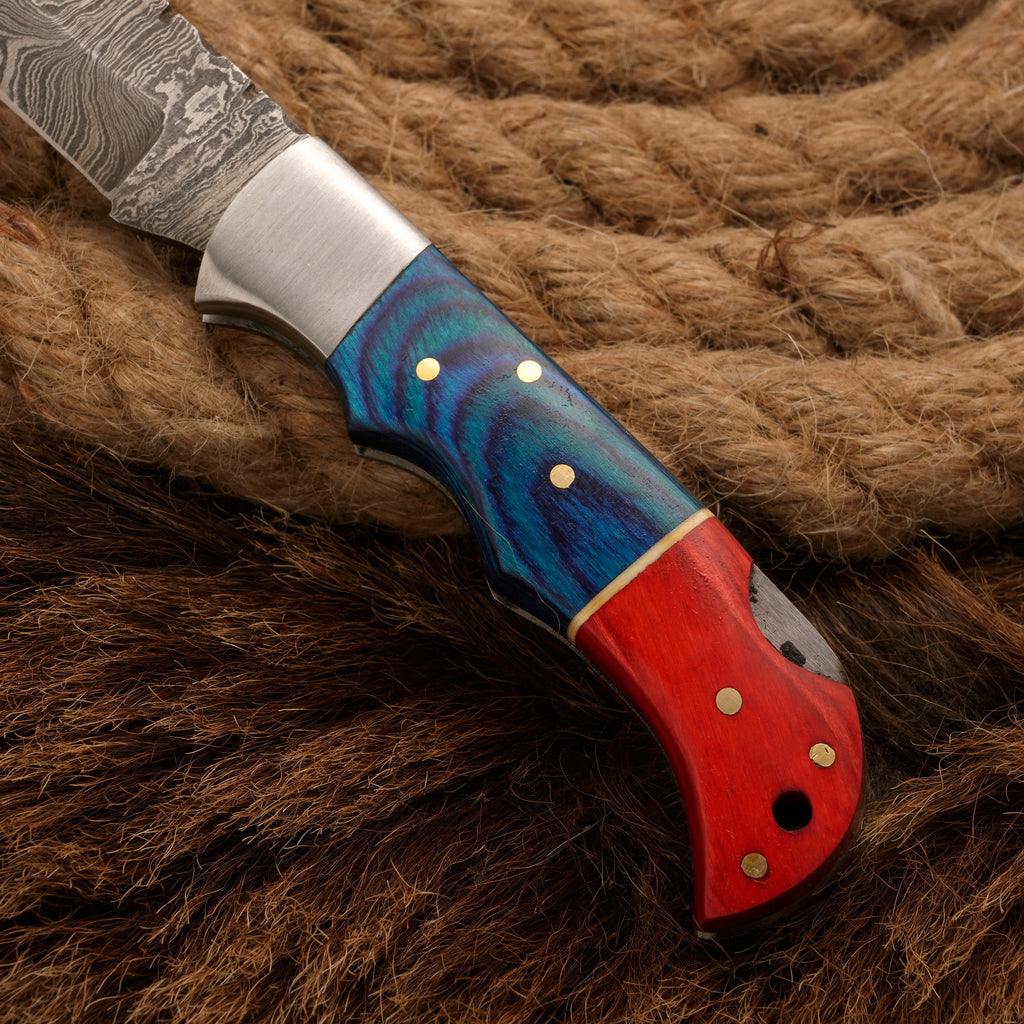 Handmade Damascus Steel Hunting Pocket Knife With Pakka Wood Handle
