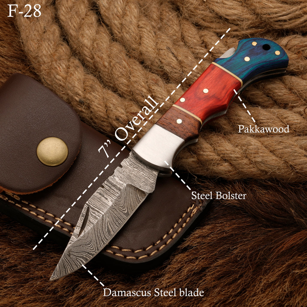 Handmade Damascus Steel Pocket Knife - Camping Knife With Pakka Wood