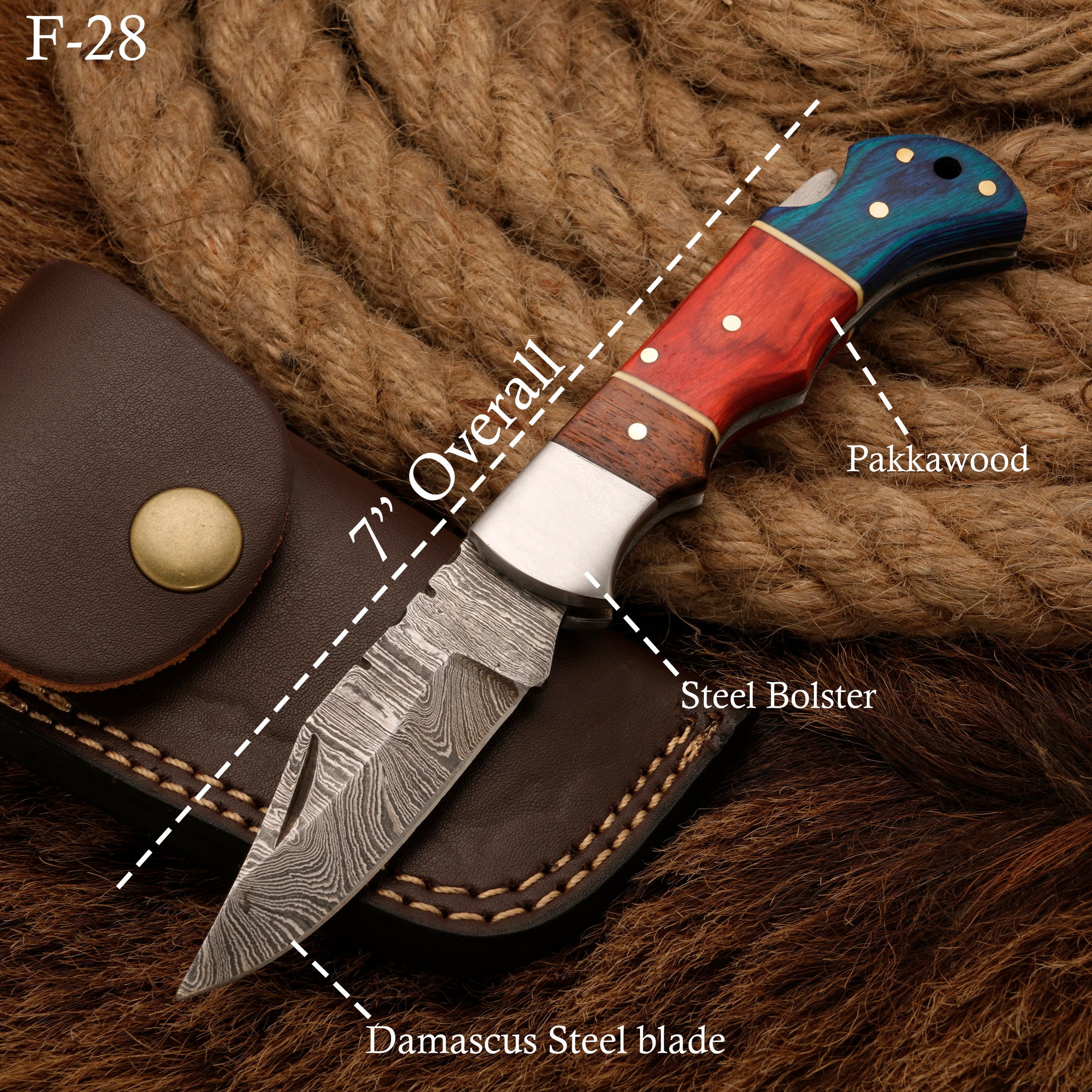 Handmade Damascus Steel Pocket Knife - Camping Knife With Pakka Wood