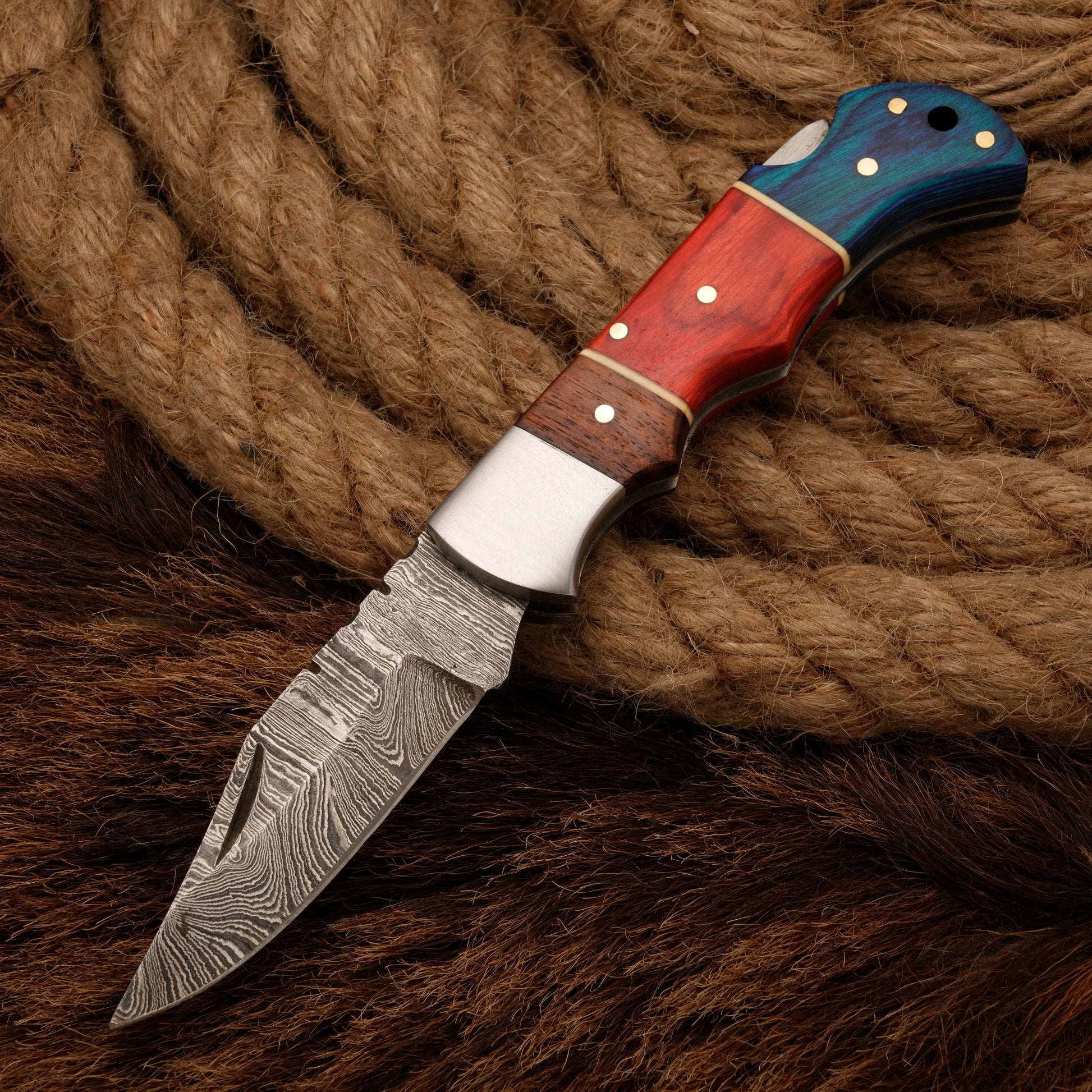 Handmade Damascus Steel Pocket Knife - Camping Knife With Pakka Wood