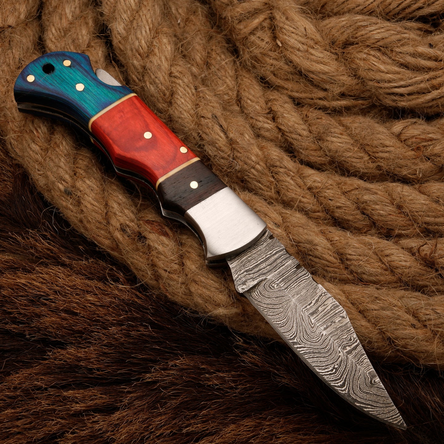Handmade Damascus Steel Pocket Knife - Camping Knife With Pakka Wood