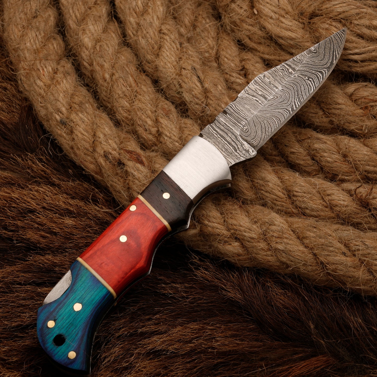 Handmade Damascus Steel Pocket Knife - Camping Knife With Pakka Wood