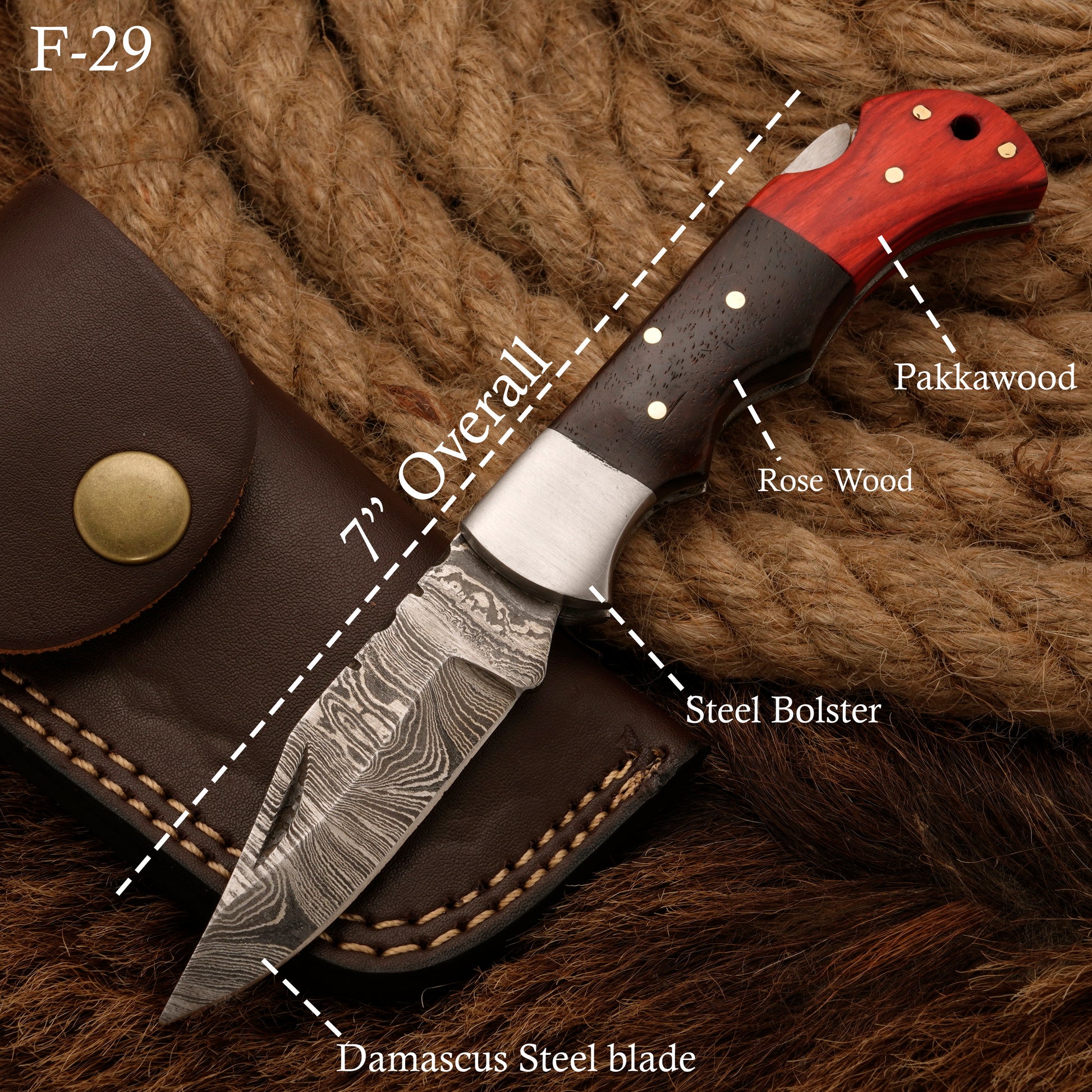 Handmade Damascus Steel Hunting Pocket Knife - Camping Folding Blade with Pakka & Rose Wood Handle