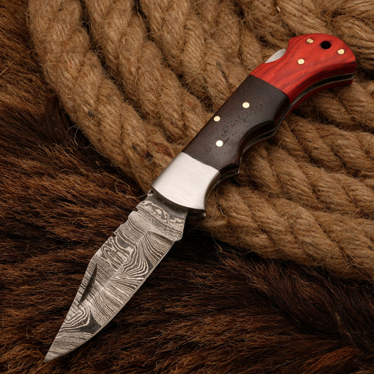 Handmade Damascus Steel Hunting Pocket Knife - Camping Folding Blade with Pakka & Rose Wood Handle