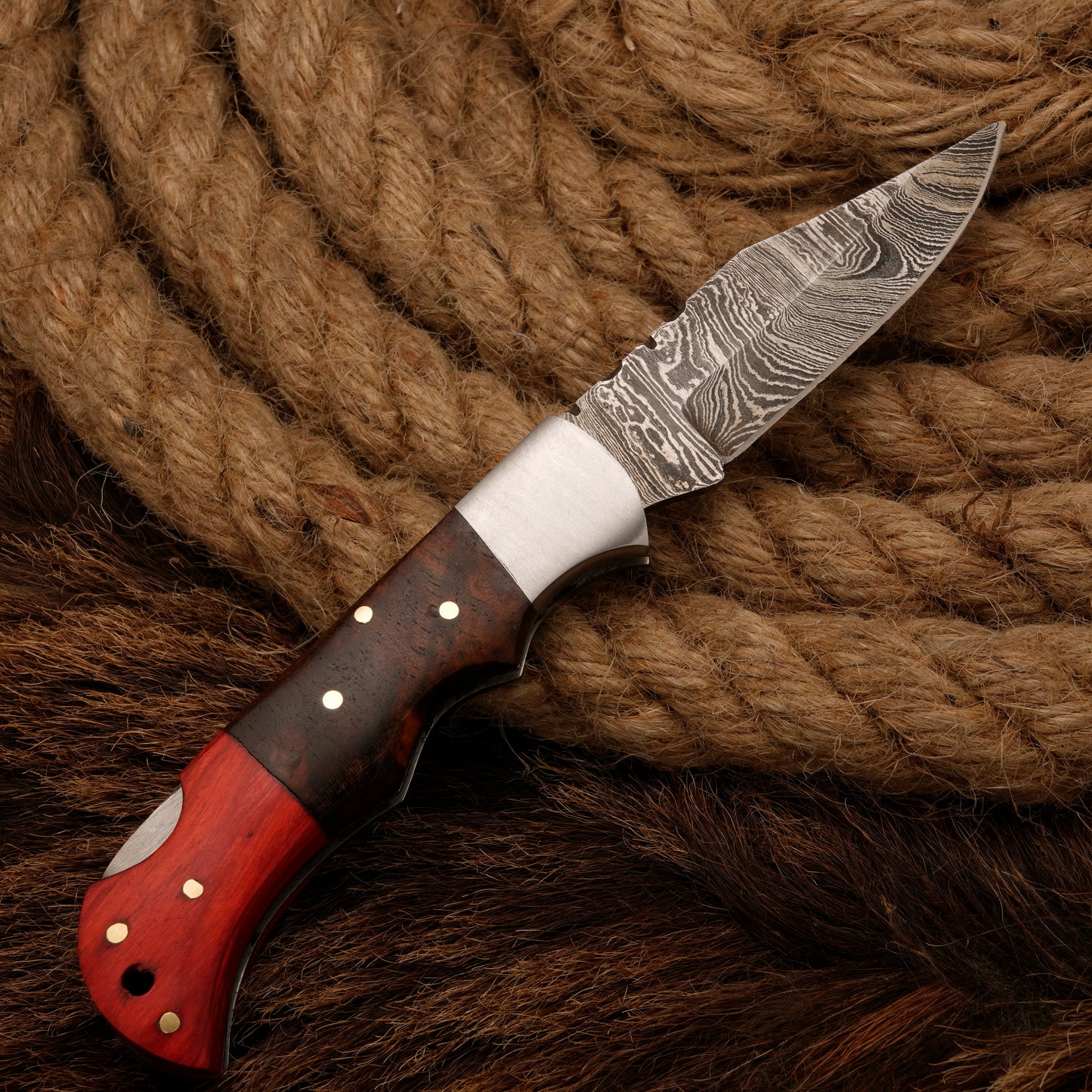 Handmade Damascus Steel Hunting Pocket Knife - Camping Folding Blade with Pakka & Rose Wood Handle