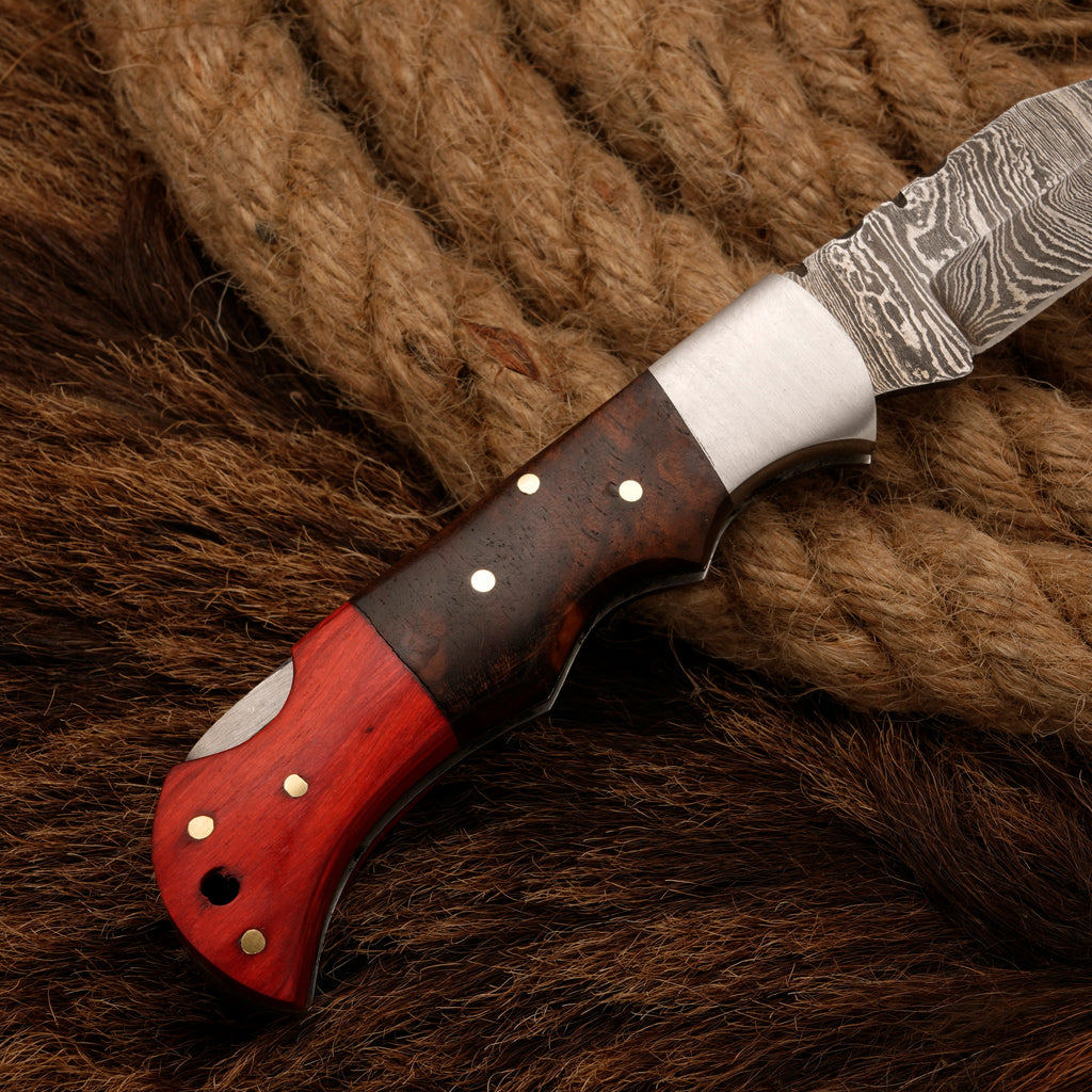 Handmade Damascus Steel Hunting Pocket Knife - Camping Folding Blade with Pakka & Rose Wood Handle