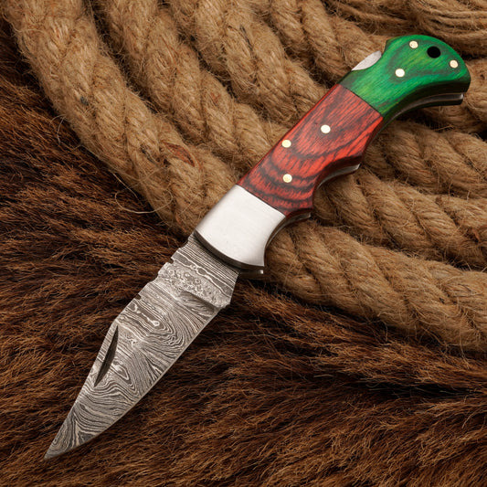 Hand-forged Damascus Steel Hunting Pocket Knife EDC -Camping knife-back lock Folding knife W/ Pakka Wood Handle