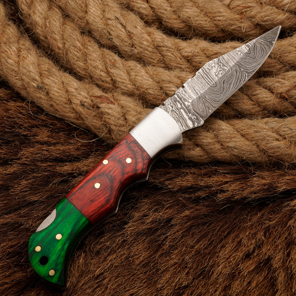 Hand-forged Damascus Steel Hunting Pocket Knife EDC -Camping knife-back lock Folding knife W/ Pakka Wood Handle