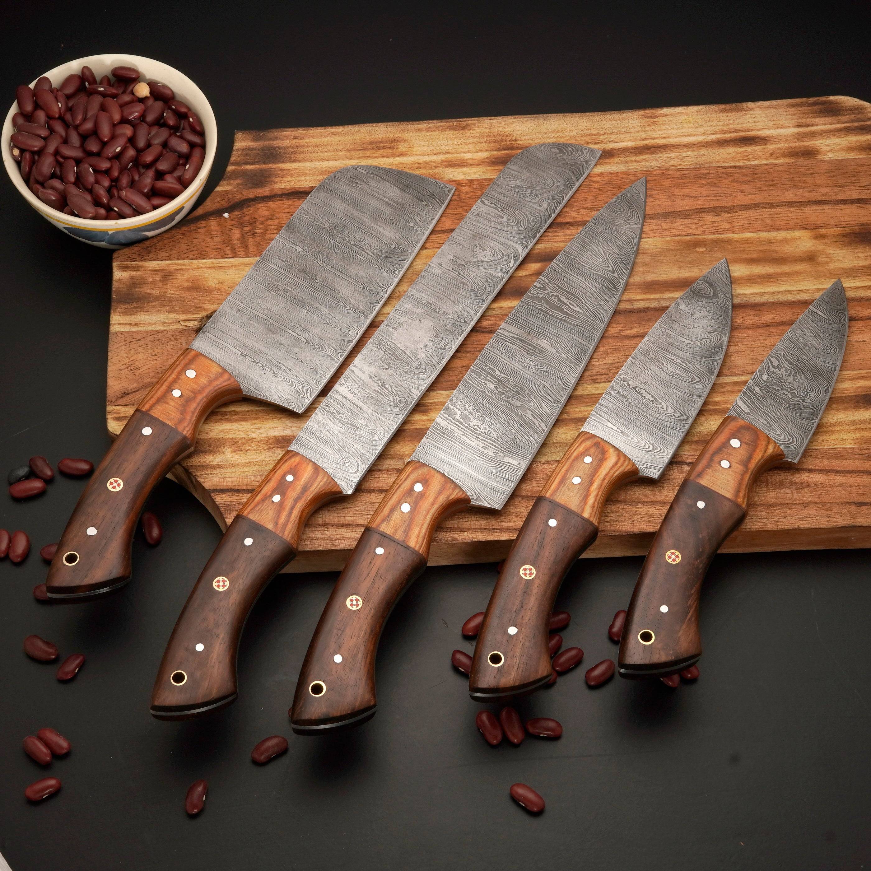 Custom Hand Made Forged Damascus Steel Chef Knife Set Kitchen Knives With Wood Handle