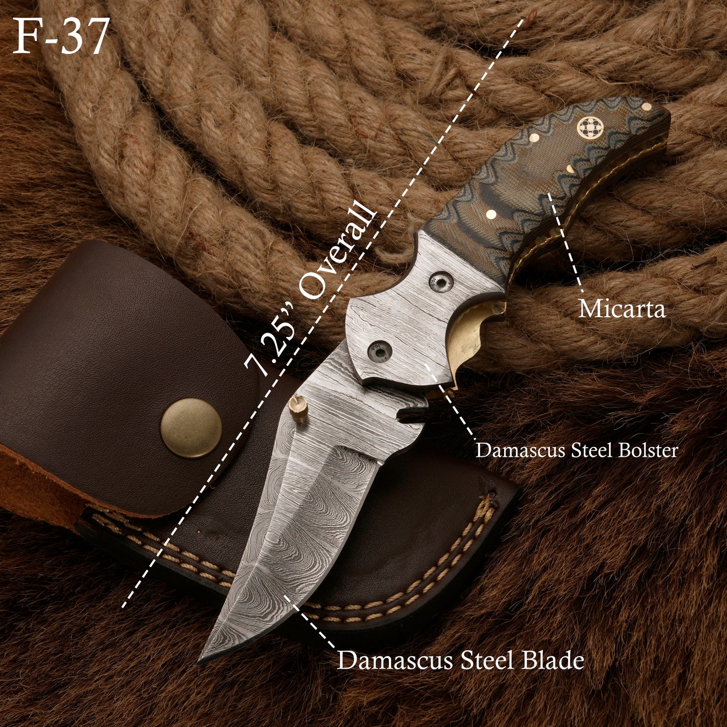 Handmade Damascus Steel Hunting Pocket Knife - Camping Knife with Damascus Steel Bolster