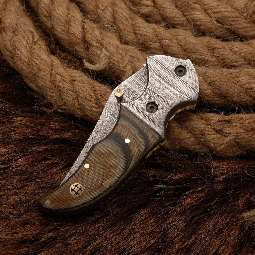 EDC-Handmade Forged Damascus Pocket Folding Knife - Micarta Wood Handle - Damascus Steel Bolster