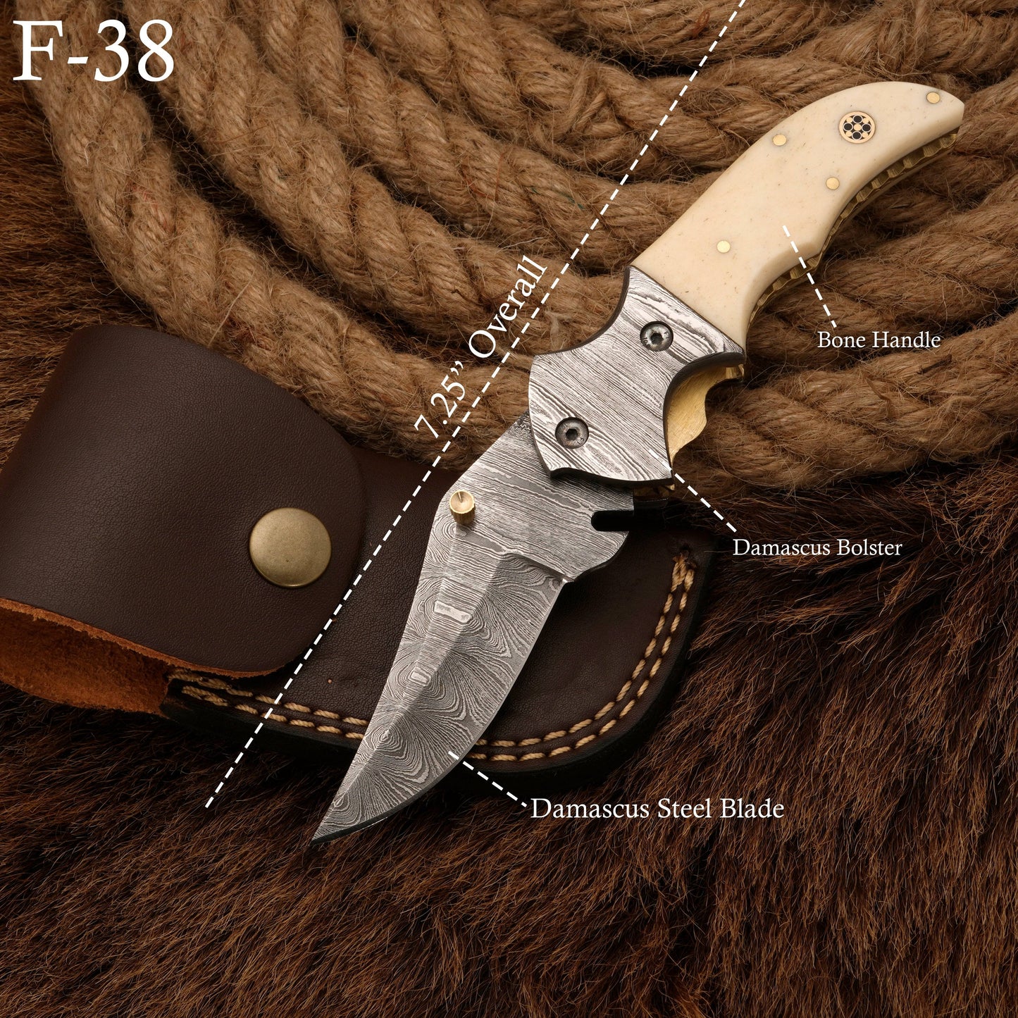 Custom Damascus pocket knife with a bone handle, labeled with features like Damascus bolster, steel blade, and overall length of 12.5 inches.