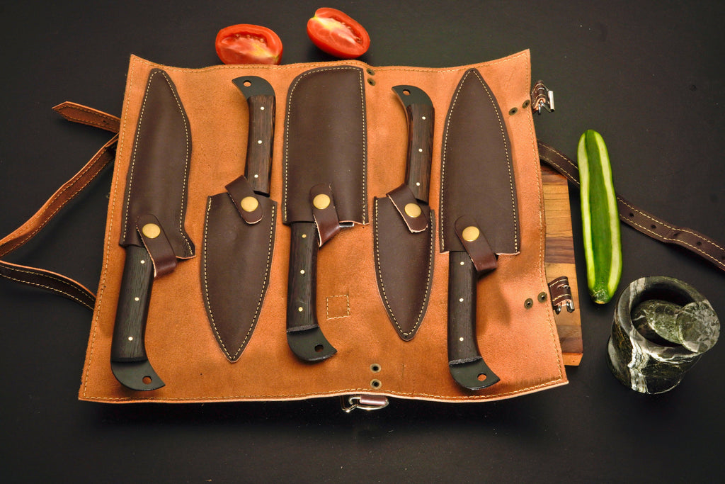 5 Piece Handmade Damascus Knives Chef Set – Kitchen Knives Set | Damascus Steel Knife Set with Genuine Leather Sheath