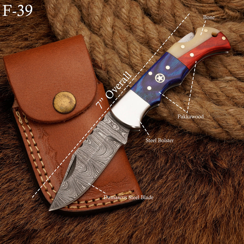 Handmade Damascus Steel Hunting Pocket knife-Folding Knife-Bone handle
