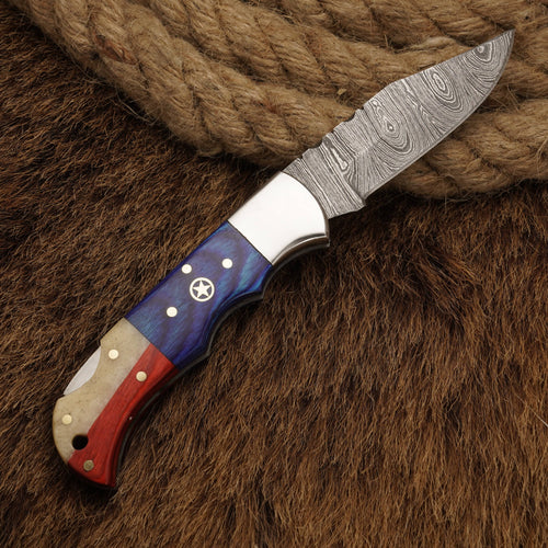 Handmade Damascus Steel Hunting Pocket knife-Folding Knife-Bone handle