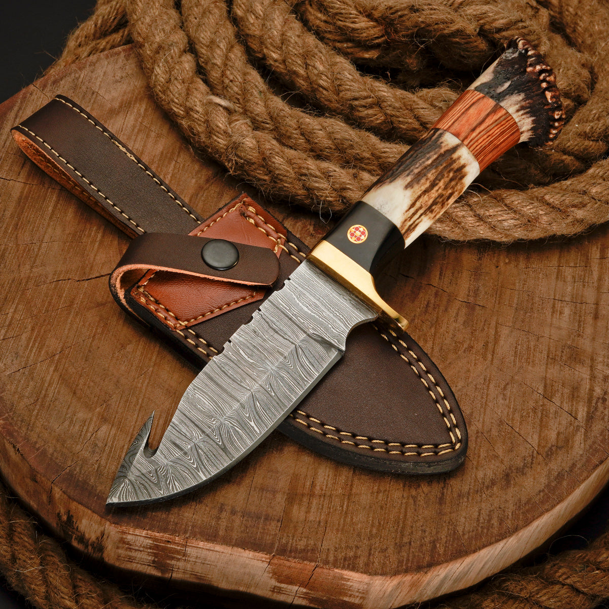 10" Handmade Damascus Steel Gut hook hunting Skinner Knife W/ Stag Horn & Wood Handle | Deer skinning knife