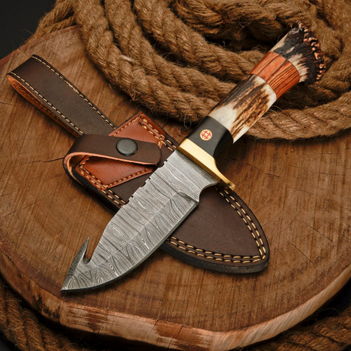 10" Handmade Damascus Steel Gut hook hunting Skinner Knife W/ Stag Horn & Wood Handle | Deer skinning knife
