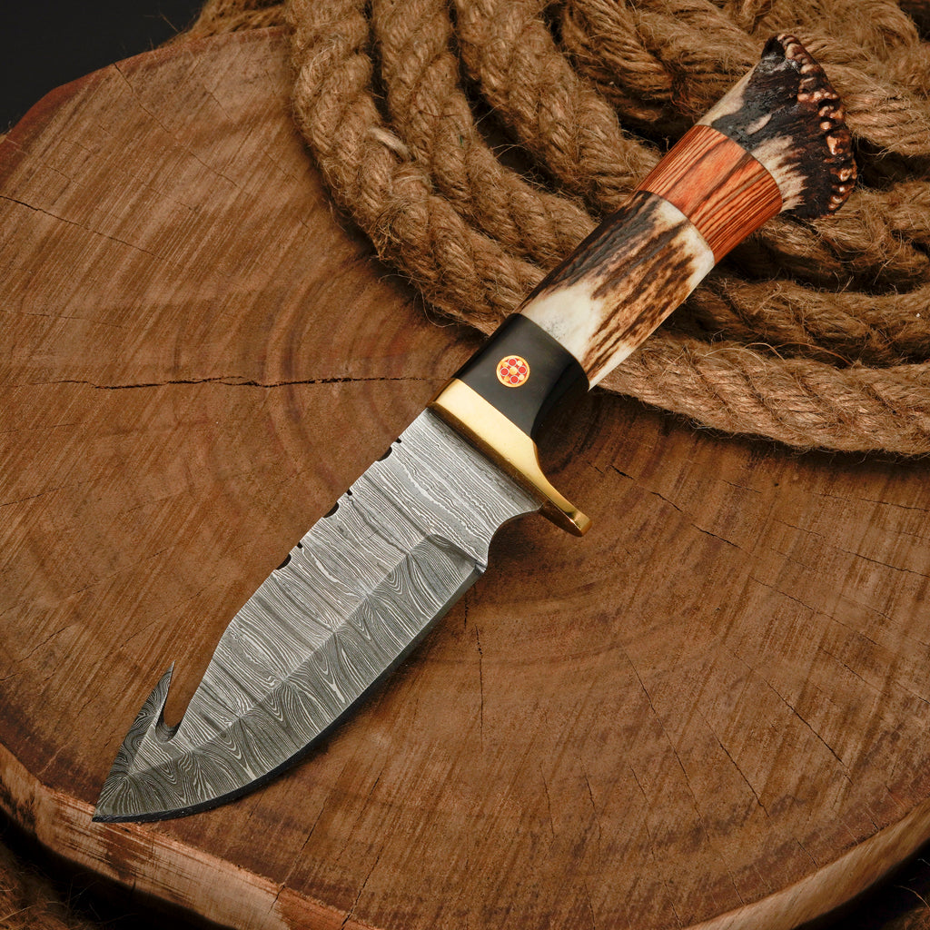 10" Handmade Damascus Steel Gut hook hunting Skinner Knife W/ Stag Horn & Wood Handle | Deer skinning knife