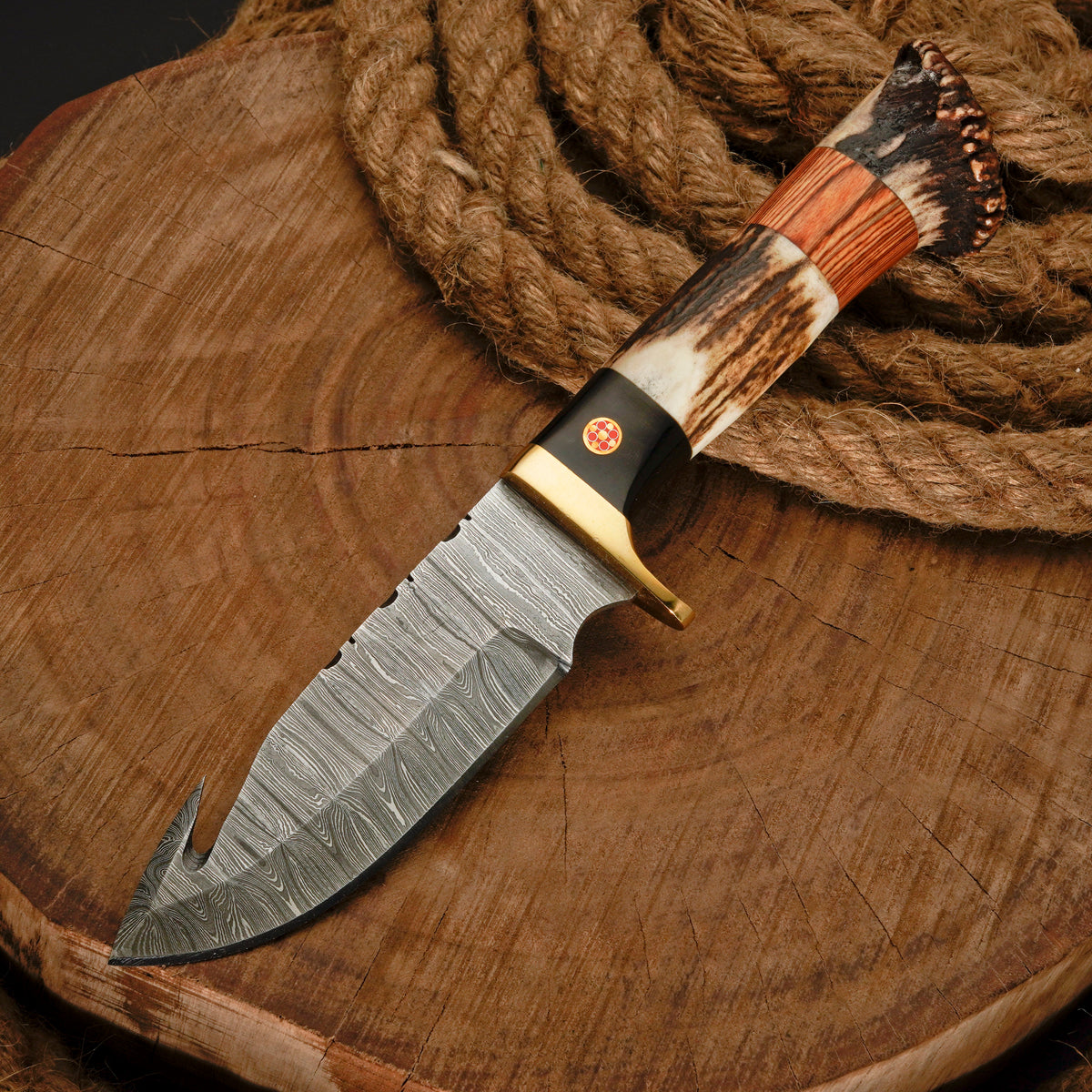 10" Handmade Damascus Steel Gut hook hunting Skinner Knife W/ Stag Horn & Wood Handle | Deer skinning knife