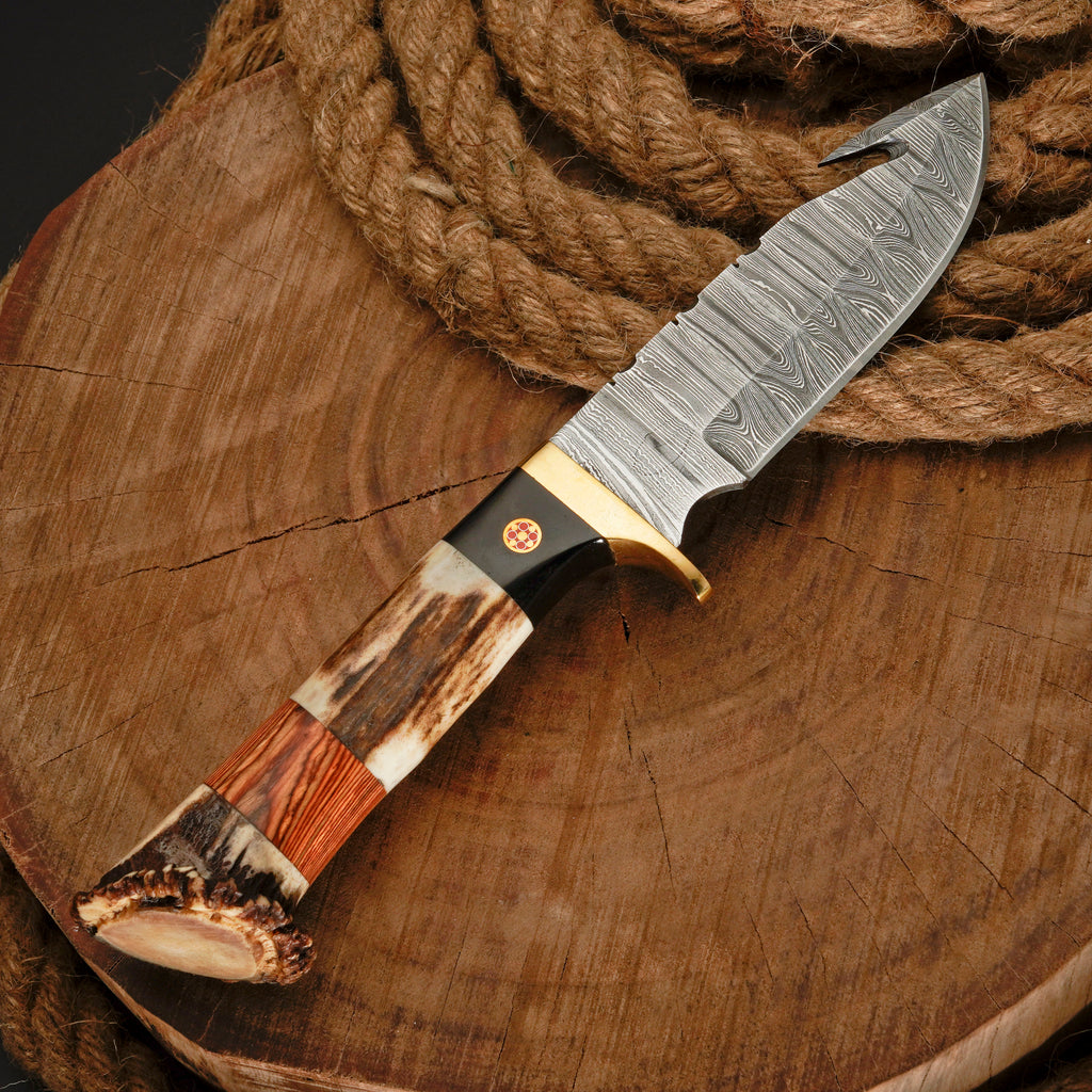 10" Handmade Damascus Steel Gut hook hunting Skinner Knife W/ Stag Horn & Wood Handle | Deer skinning knife