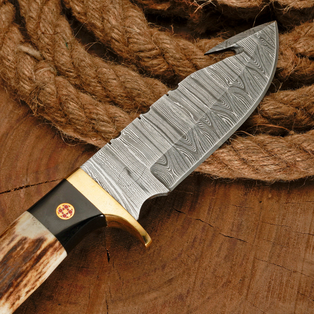 10" Handmade Damascus Steel Gut hook hunting Skinner Knife W/ Stag Horn & Wood Handle | Deer skinning knife