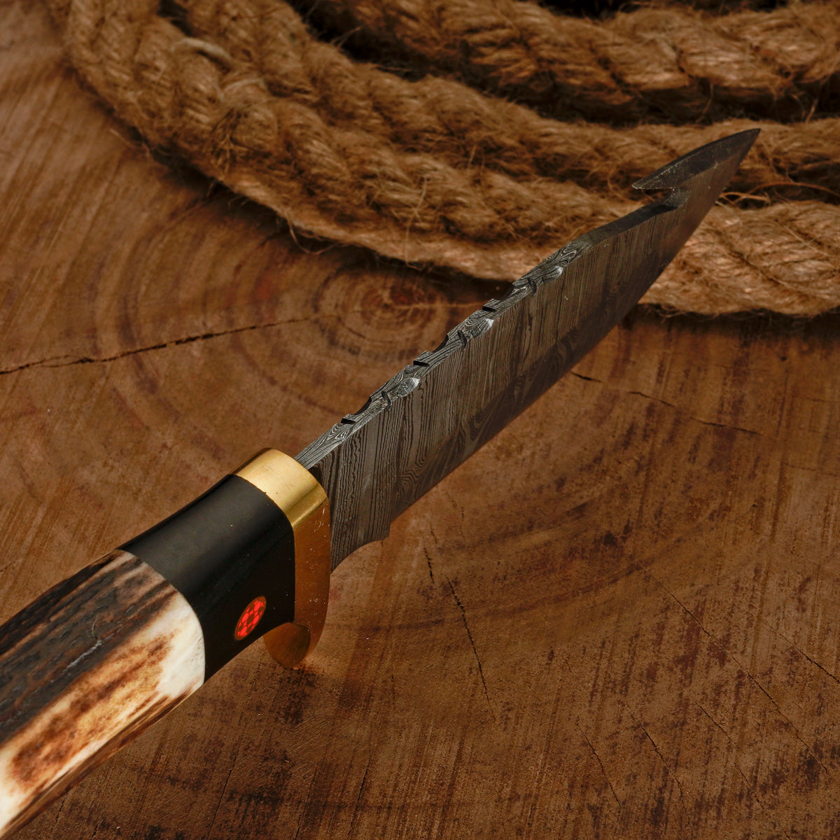 10" Handmade Damascus Steel Gut hook hunting Skinner Knife W/ Stag Horn & Wood Handle | Deer skinning knife