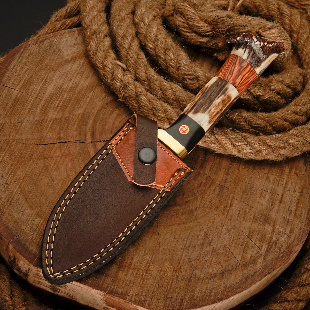 10" Handmade Damascus Steel Gut hook hunting Skinner Knife W/ Stag Horn & Wood Handle | Deer skinning knife