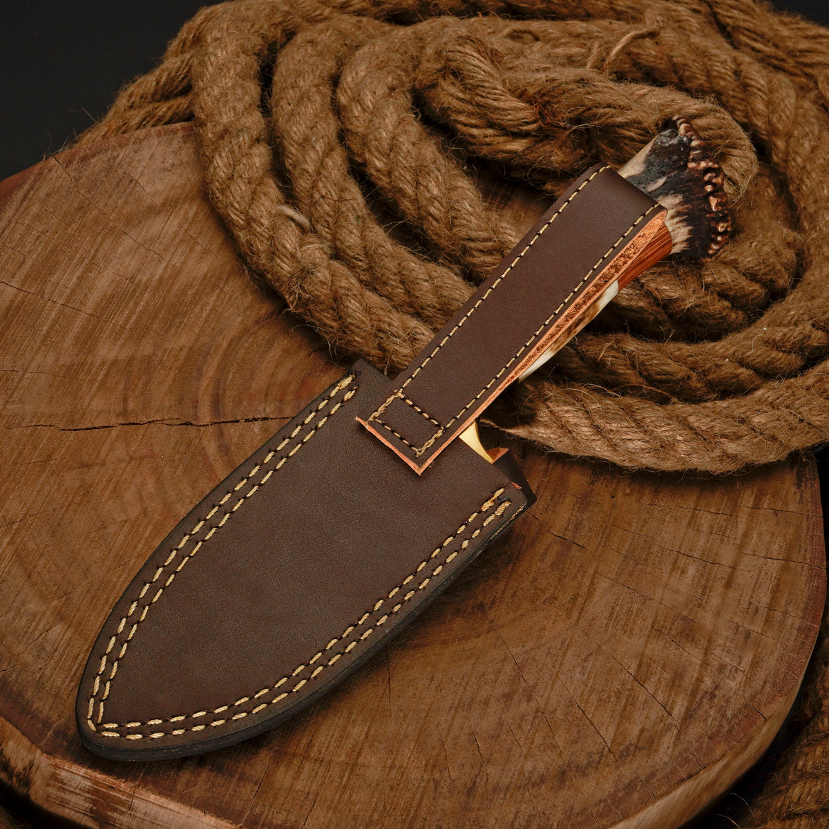 10" Handmade Damascus Steel Gut hook hunting Skinner Knife W/ Stag Horn & Wood Handle | Deer skinning knife