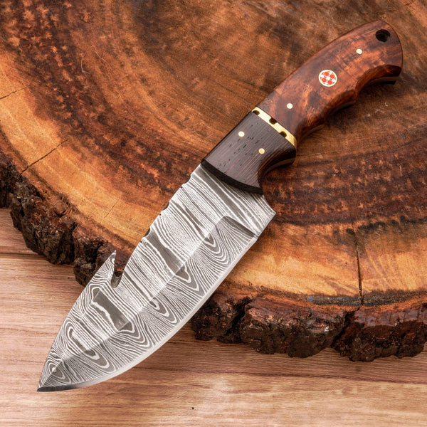 Handmade Forged Damascus Steel Gut Hook Hunting Knife EDC - Skinner knife