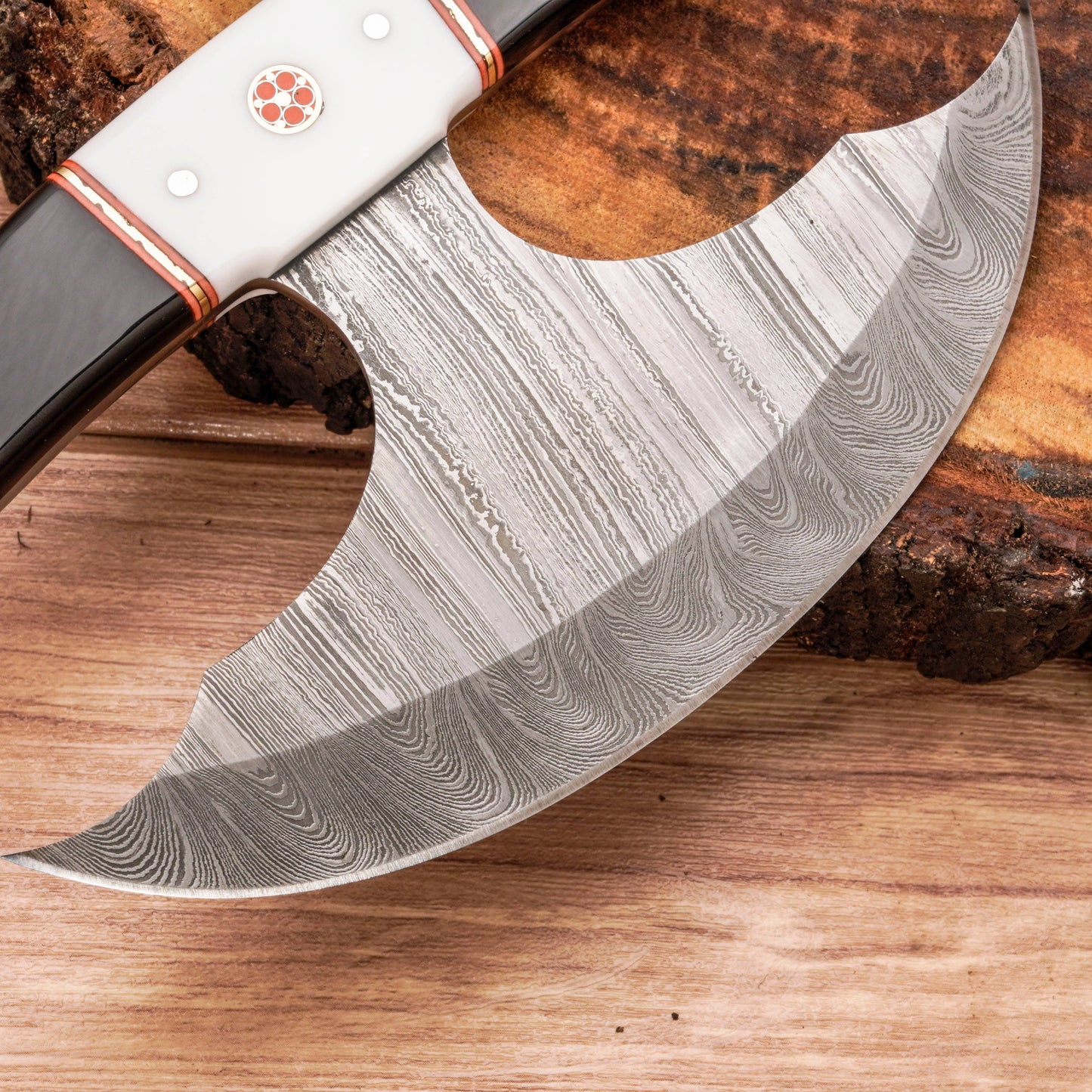 Handmade Forged Damascus Ulu Knife - Acrylic Handle | Alaskan Knife