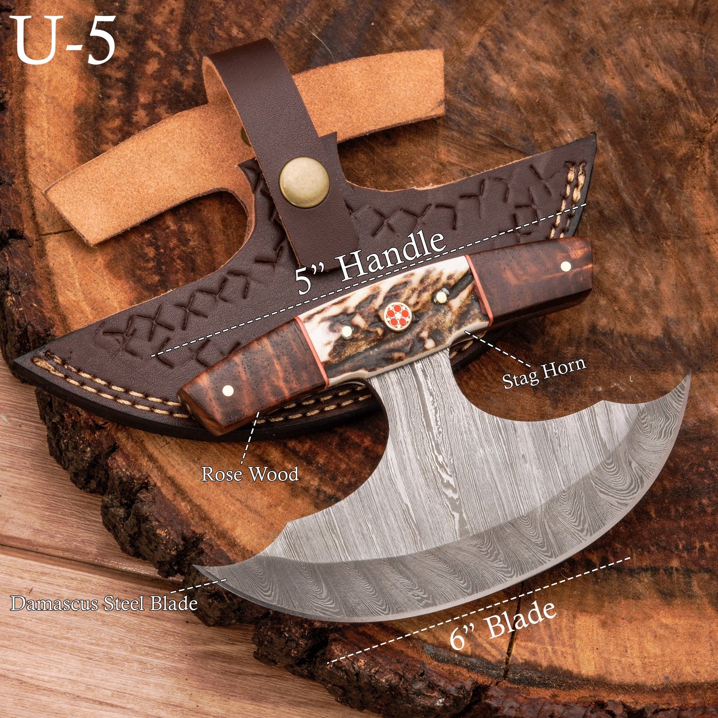 Handmade Forged Damascus Ulu Knife - Stag horn Handle | Alaskan Knife