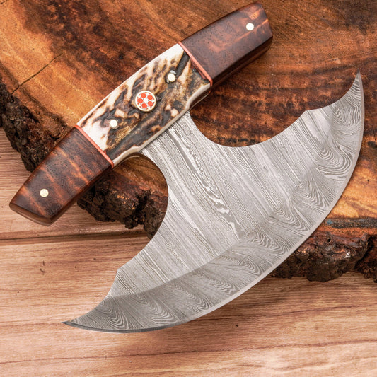 Handmade Forged Damascus Ulu Knife - Stag horn Handle | Alaskan Knife